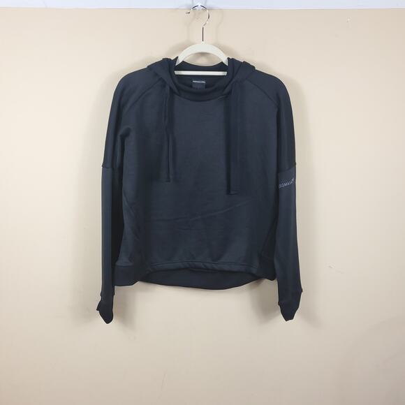 BCBGMAXAZRIA Black Sateen Hooded Sweatshirt Women's Size L - Picture 1 of 11